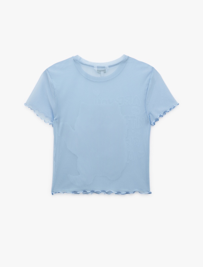  Kısa Kollu Bisiklet Yaka Slim Fit Kedi Baskılı Crop Tişört