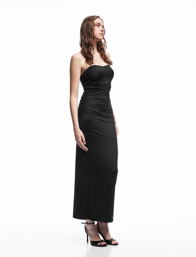 Astarlı Slim Fit Büzgülü Drape Detaylı Straplez Elbise_1