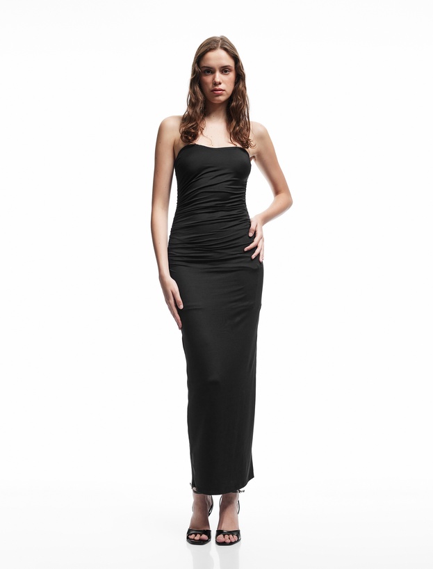 Astarlı Slim Fit Büzgülü Drape Detaylı Straplez Elbise_0