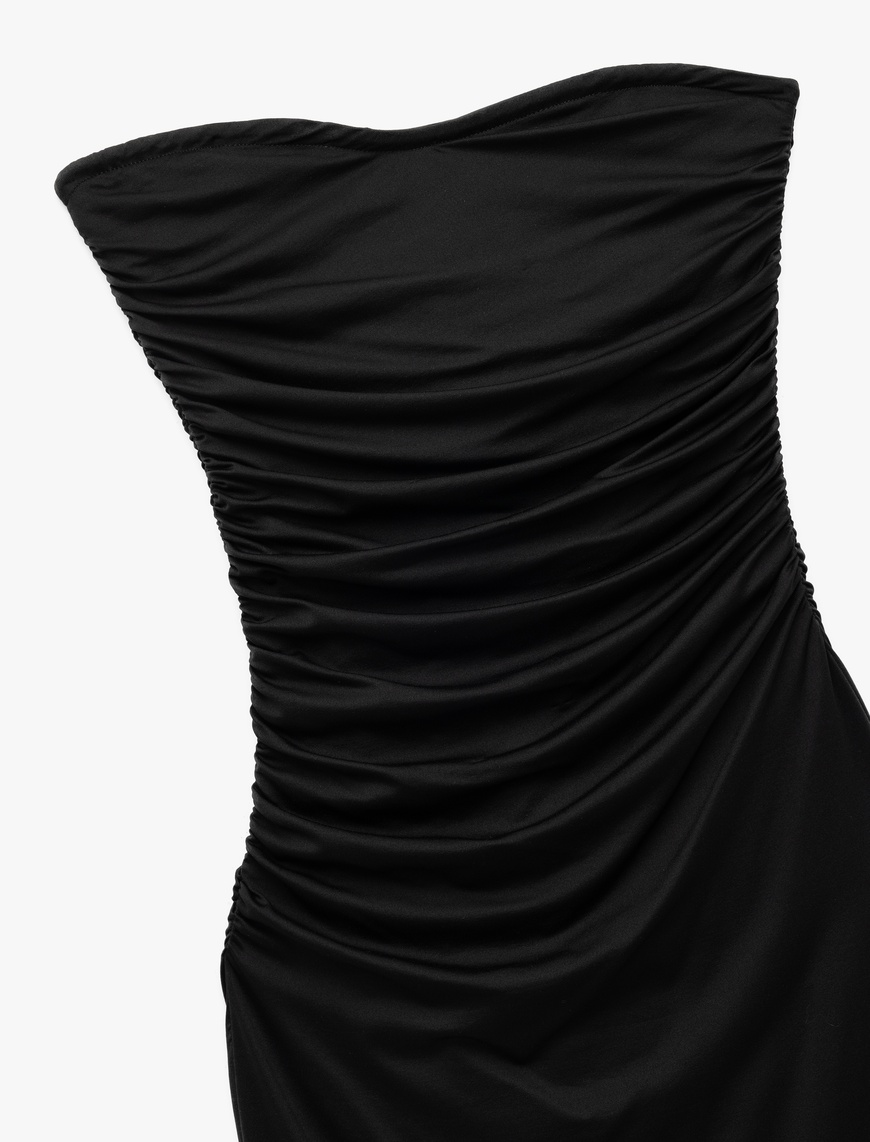   Astarlı Slim Fit Büzgülü Drape Detaylı Straplez Elbise