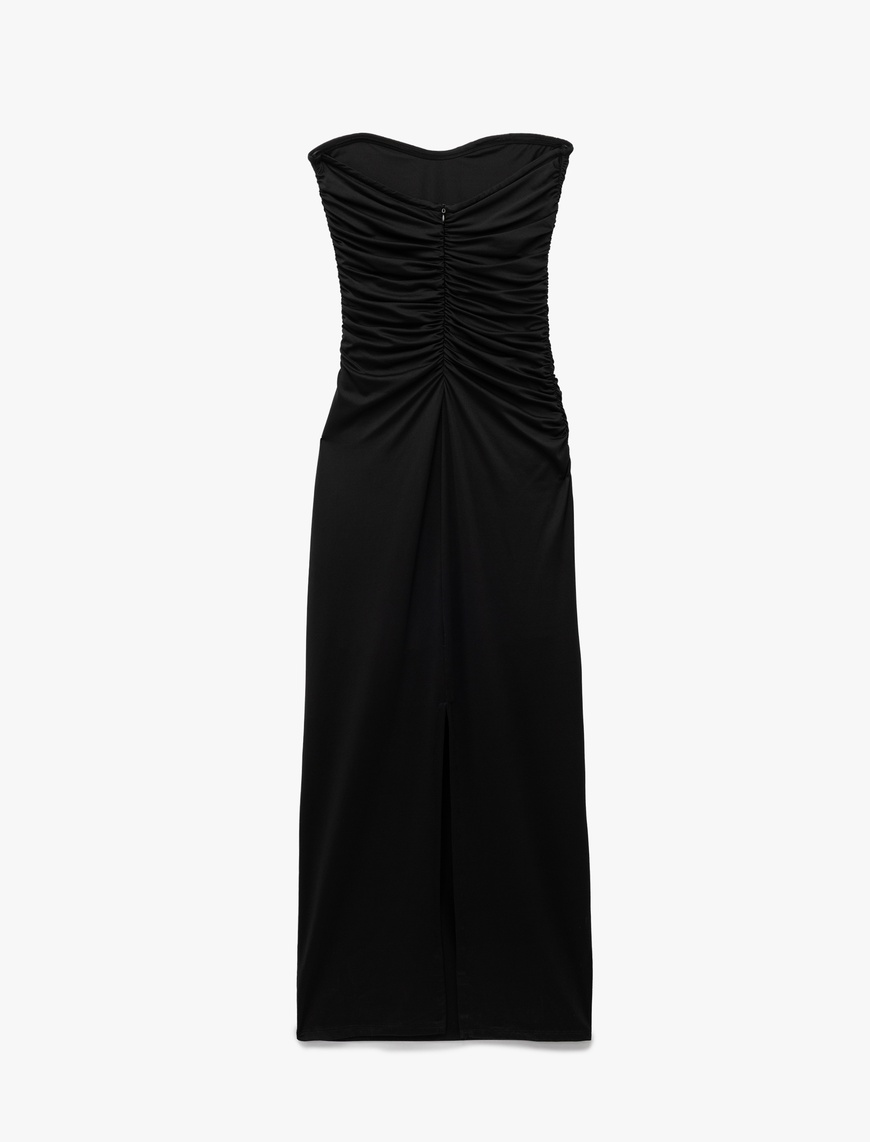   Astarlı Slim Fit Büzgülü Drape Detaylı Straplez Elbise