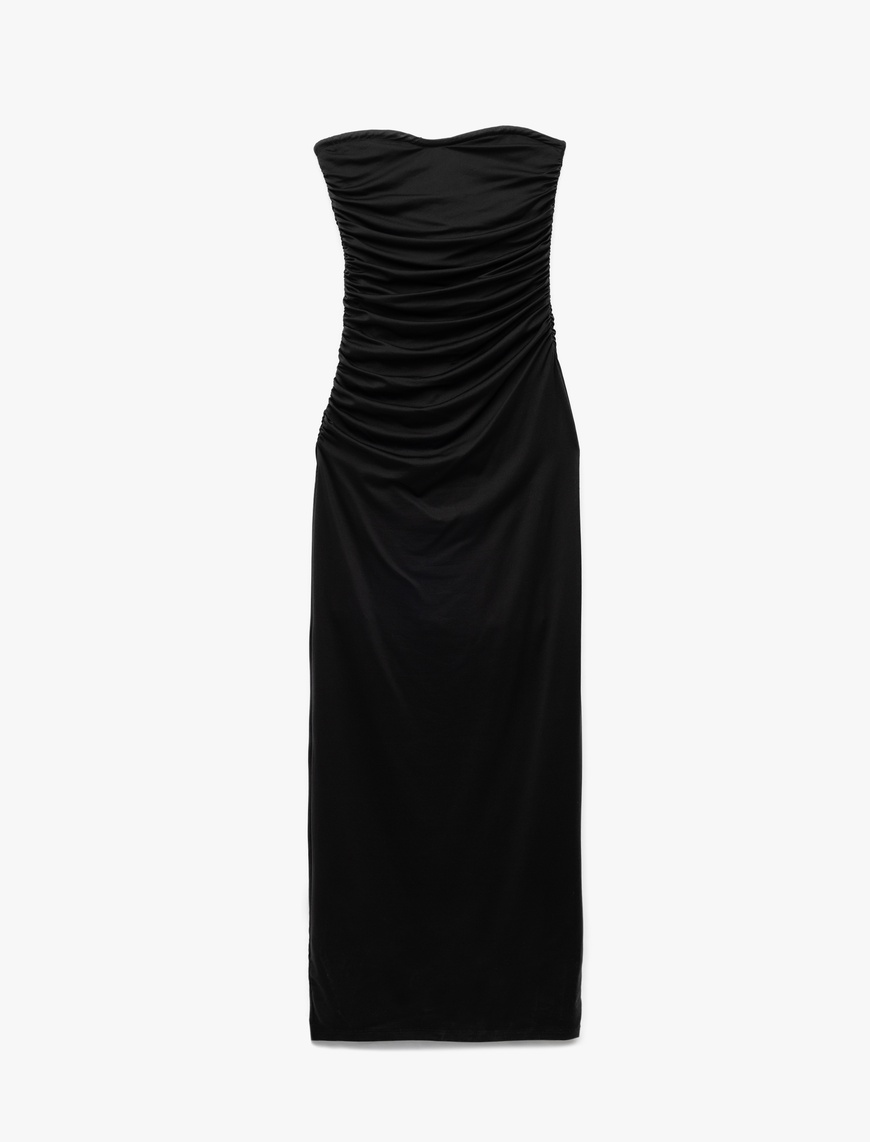   Astarlı Slim Fit Büzgülü Drape Detaylı Straplez Elbise