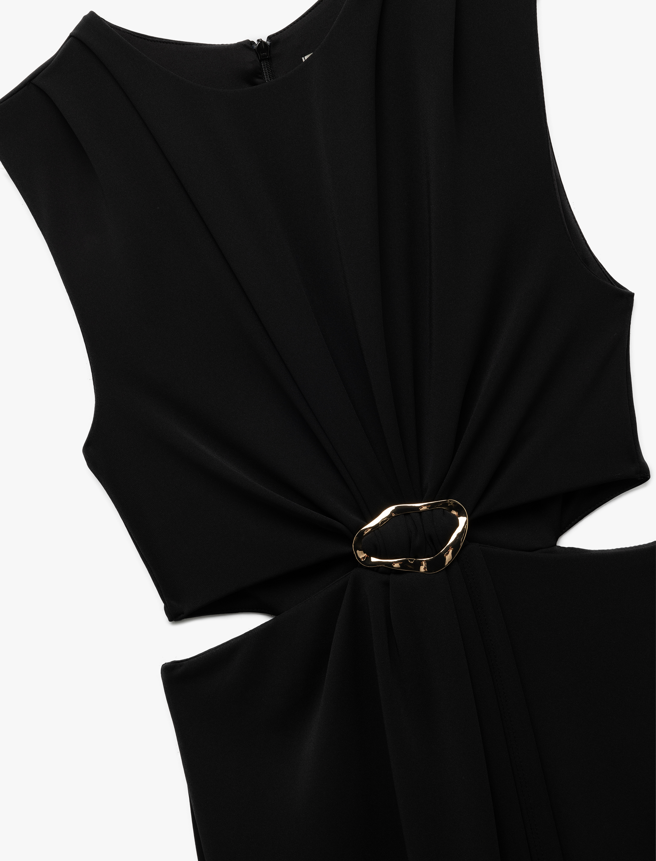   Kolsuz Bisiklet Yaka Metal Aksesuarlı Pencere Detaylı Midi Abiye Elbise