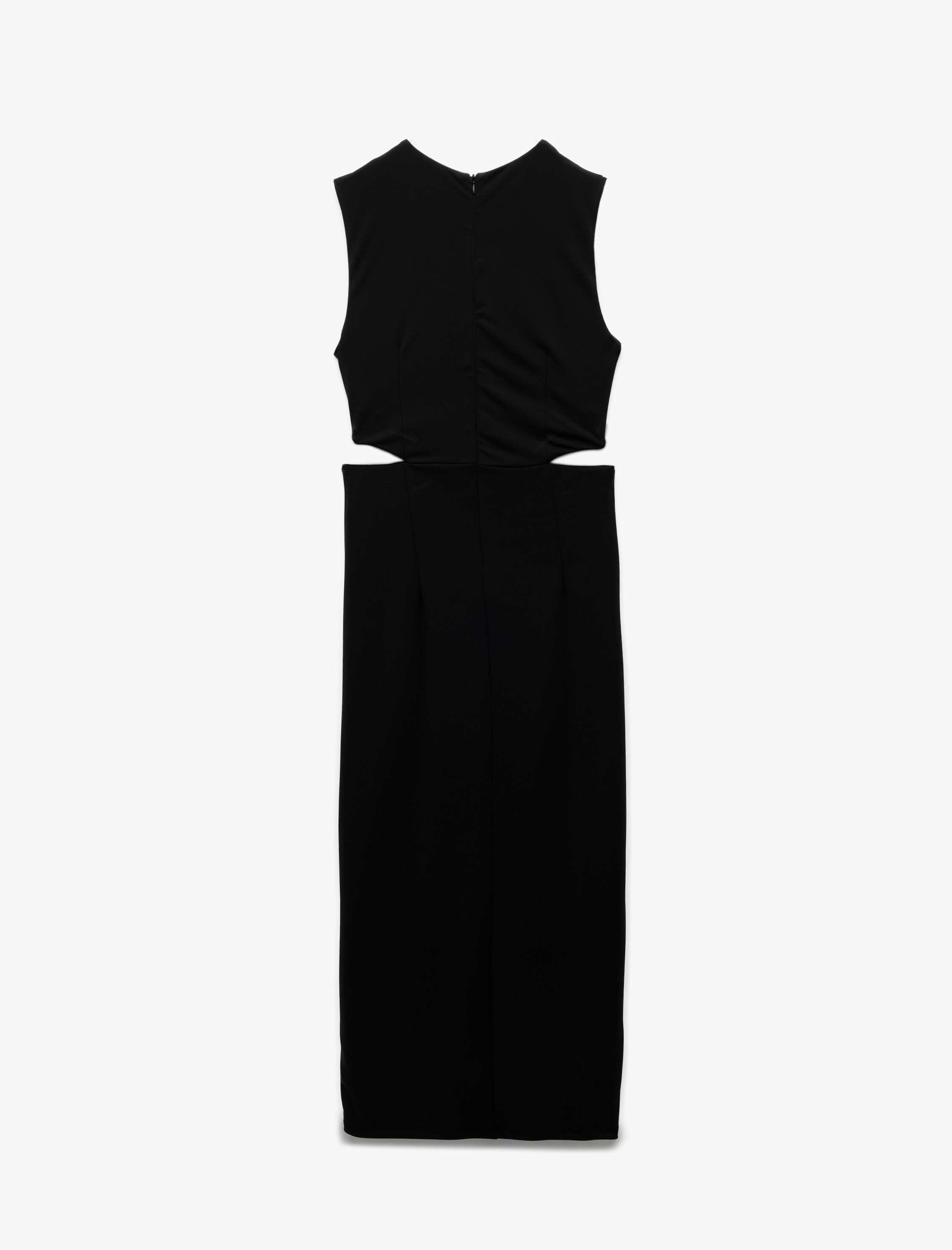   Kolsuz Bisiklet Yaka Metal Aksesuarlı Pencere Detaylı Midi Abiye Elbise