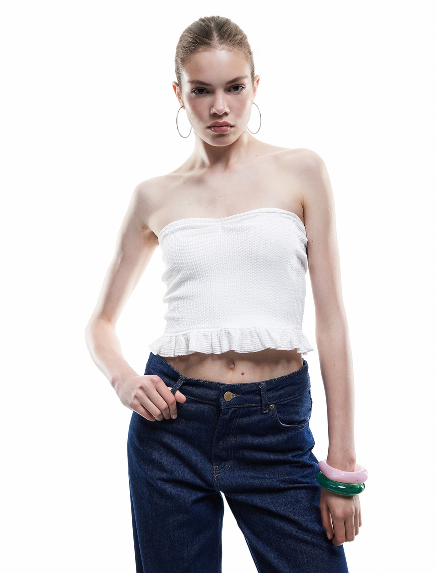   Bürümcük Kolsuz Volanlı Slim Fit Straplez Bluz