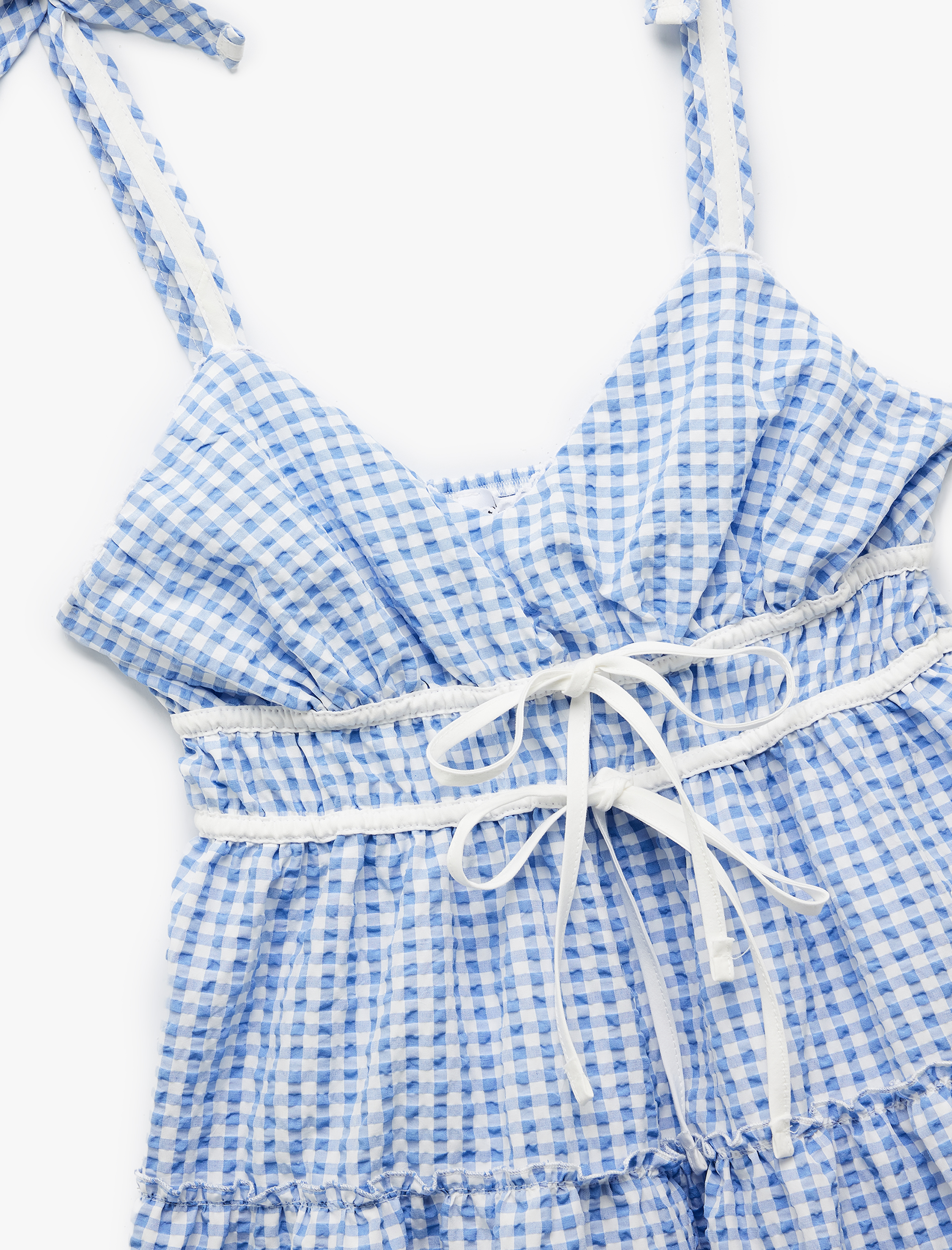   Kolsuz V Yaka Fiyonklu Bağcıklı Pötikareli Mini Elbise