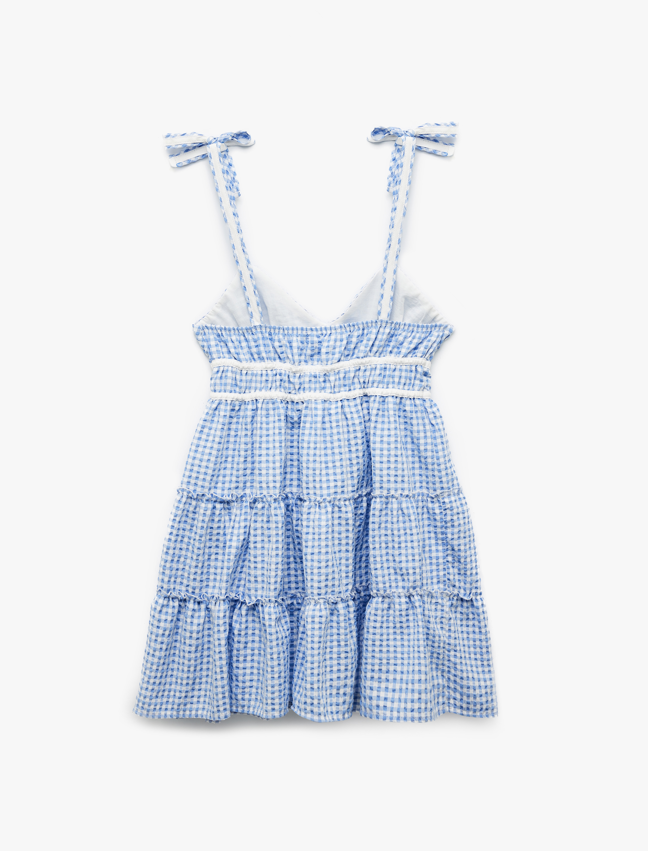   Kolsuz V Yaka Fiyonklu Bağcıklı Pötikareli Mini Elbise