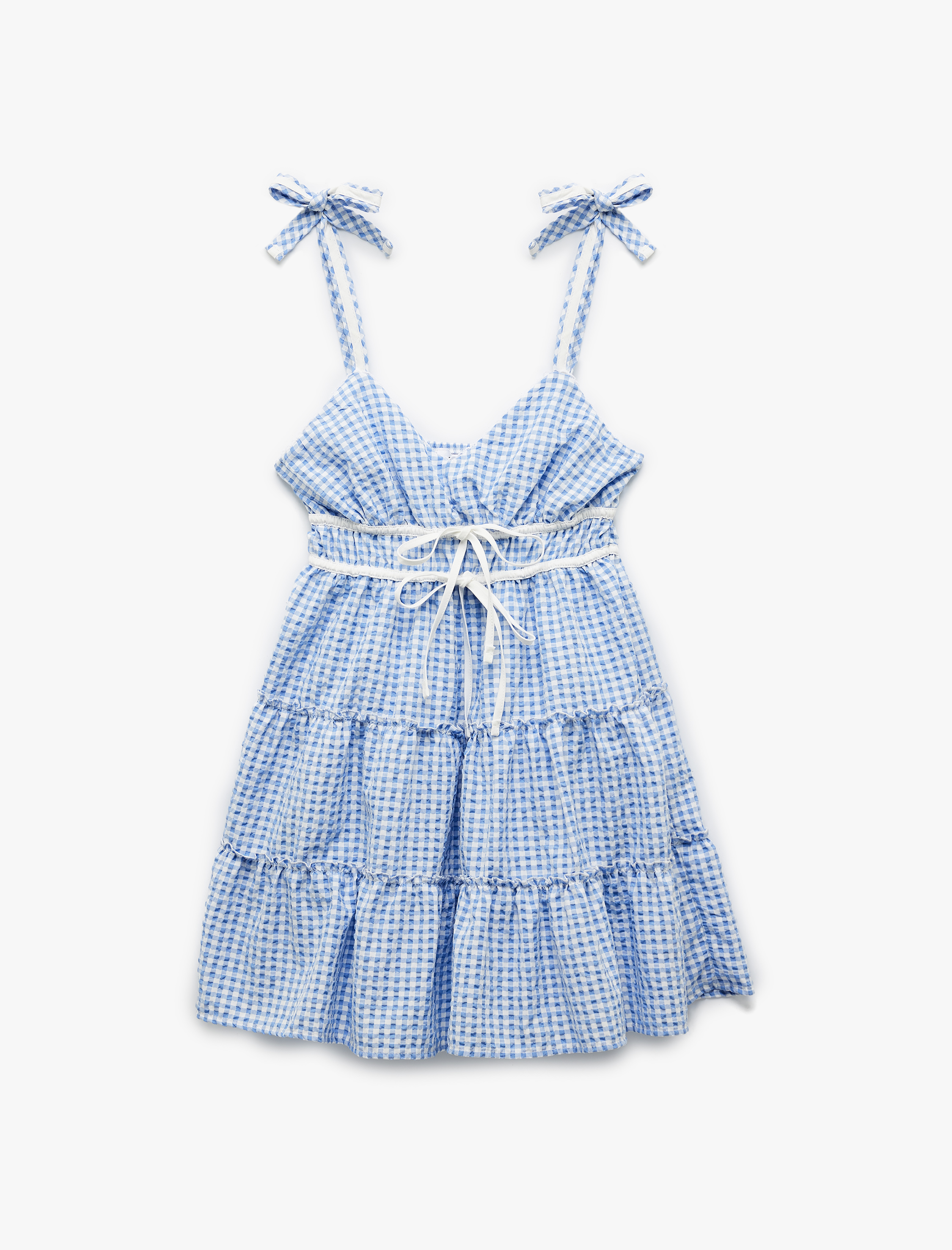   Kolsuz V Yaka Fiyonklu Bağcıklı Pötikareli Mini Elbise