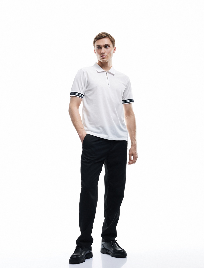   Fermuarlı Çizgi Detaylı Regular Fit Pike Kumaş Kısa Kollu Polo Yaka Tişört