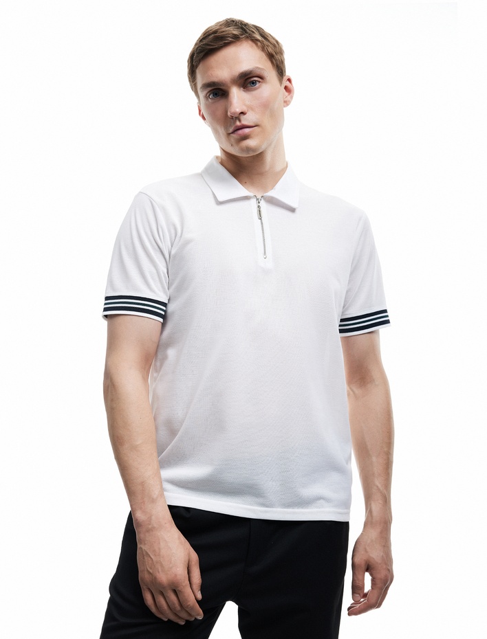  Fermuarlı Çizgi Detaylı Regular Fit Pike Kumaş Kısa Kollu Polo Yaka Tişört