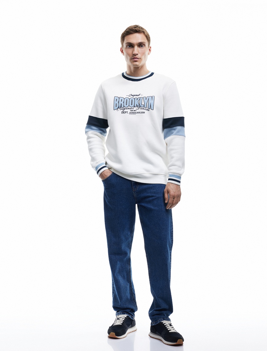   Şardonlu Uzun Kollu Bisiklet Yaka Renk Bloklu Kolej Baskılı Sweatshirt