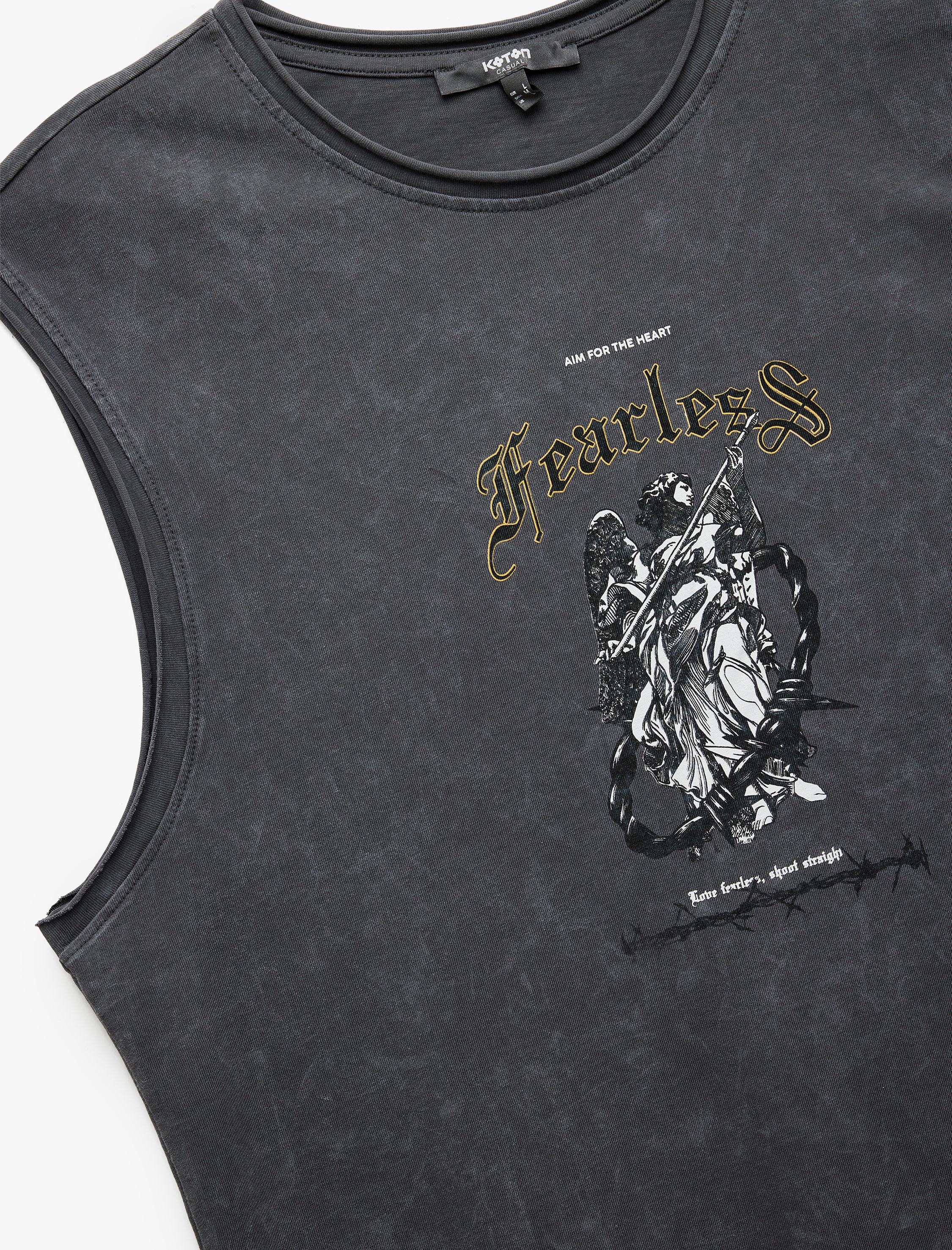   Pamuklu Yıkamalı Bisiklet Yaka Baskılı Kolsuz Tişört