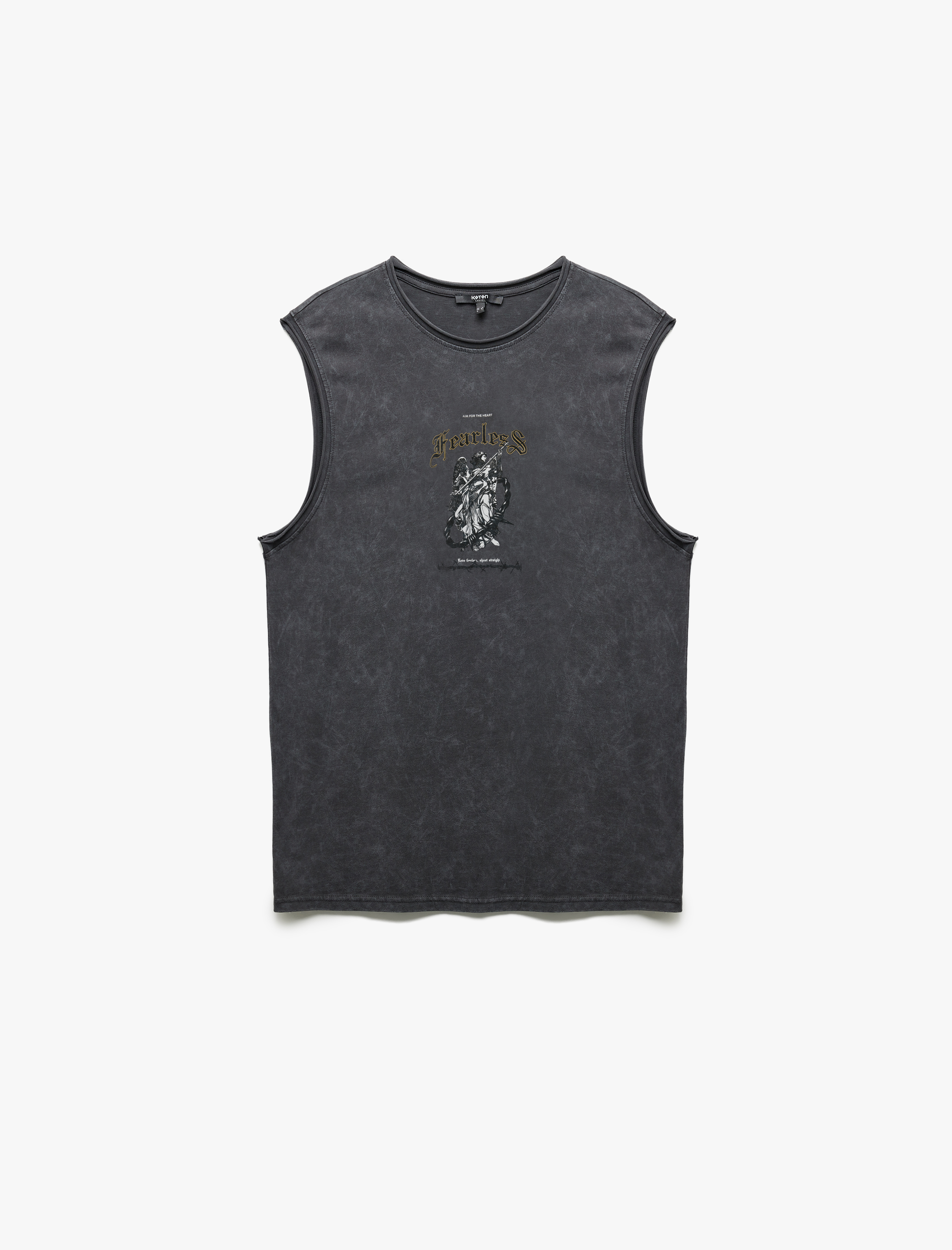   Pamuklu Yıkamalı Bisiklet Yaka Baskılı Kolsuz Tişört