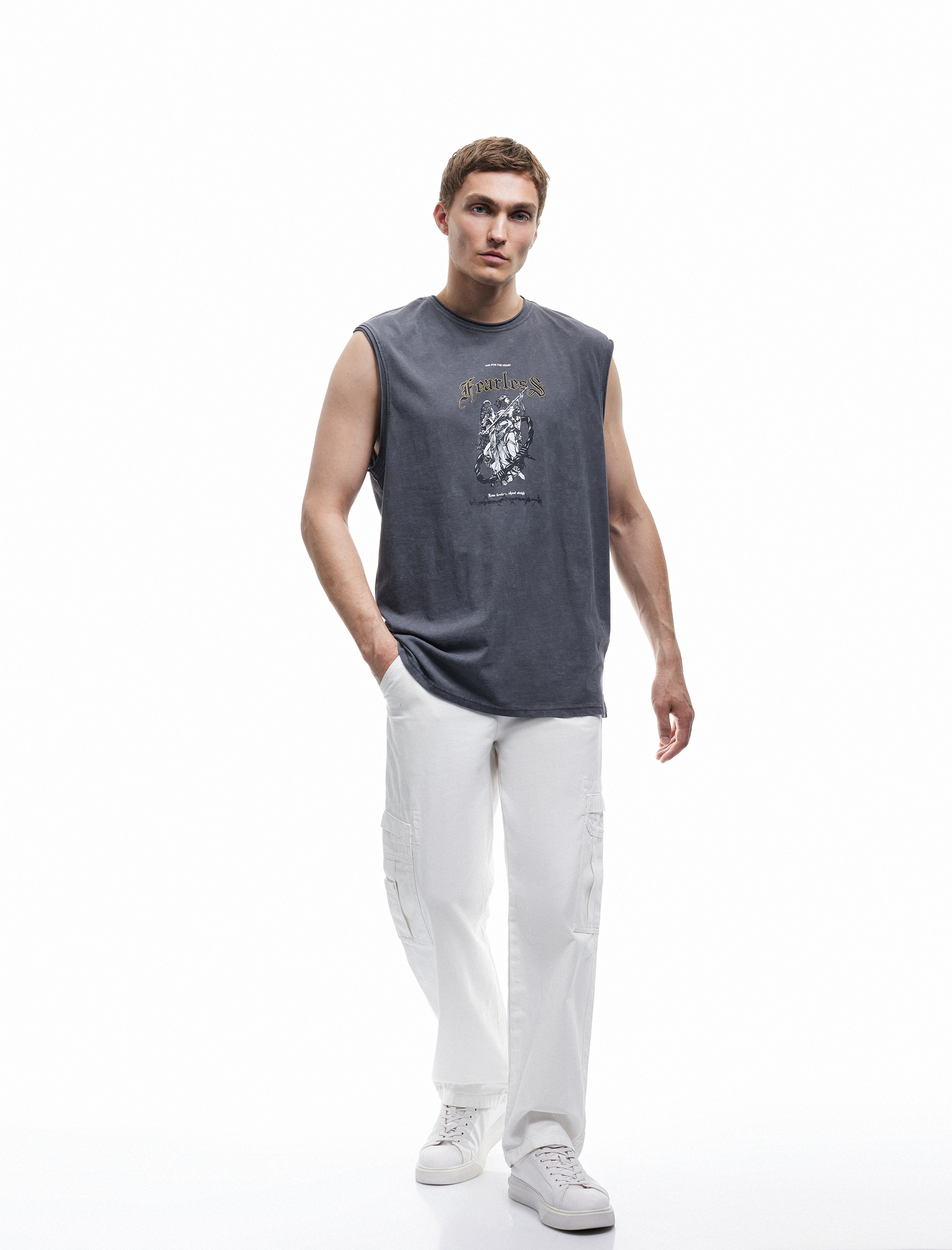   Pamuklu Yıkamalı Bisiklet Yaka Baskılı Kolsuz Tişört