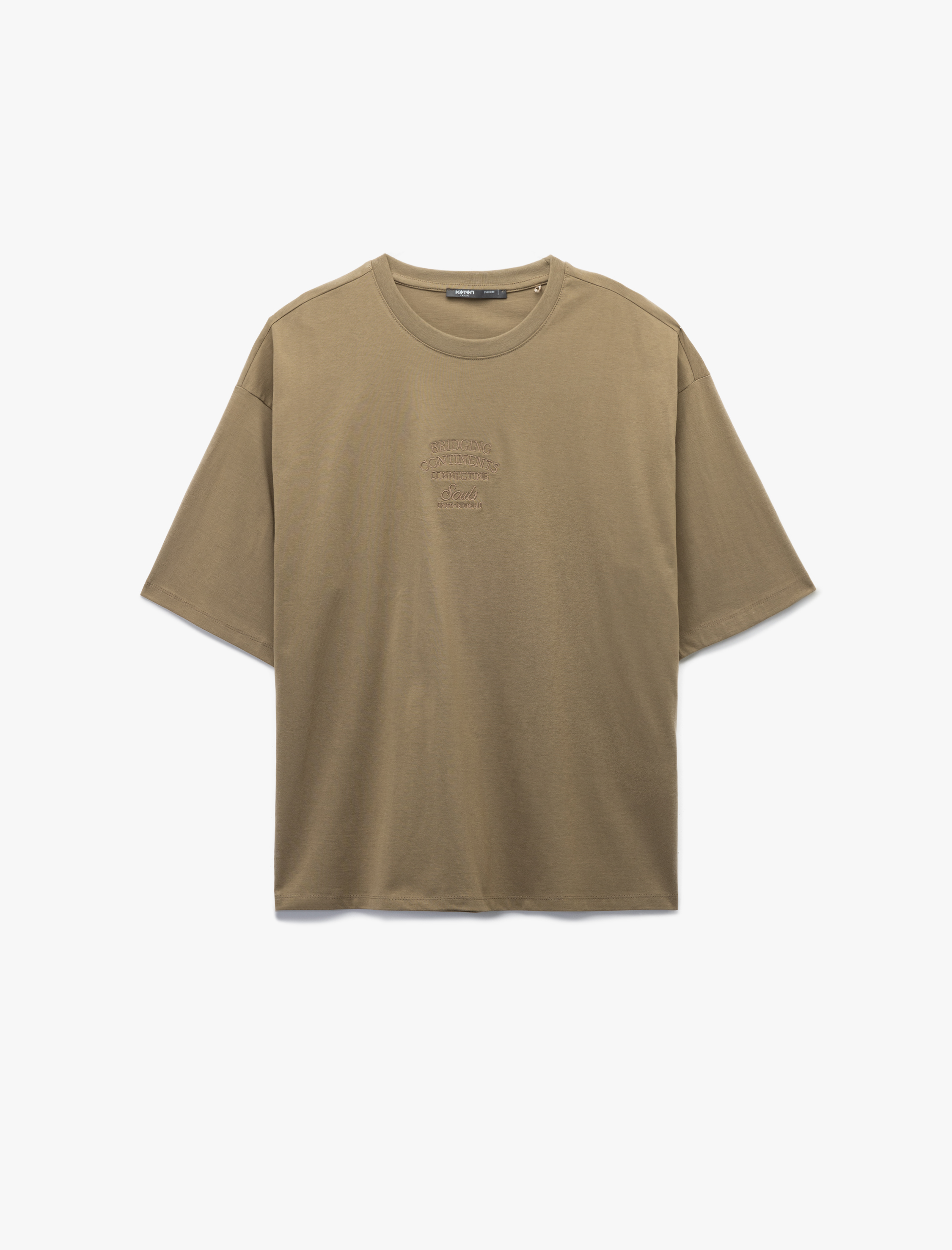   Pamuklu Bisiklet Yaka Tok Kumaş Slogan İşlemeli Kısa Kollu Oversize Tişört