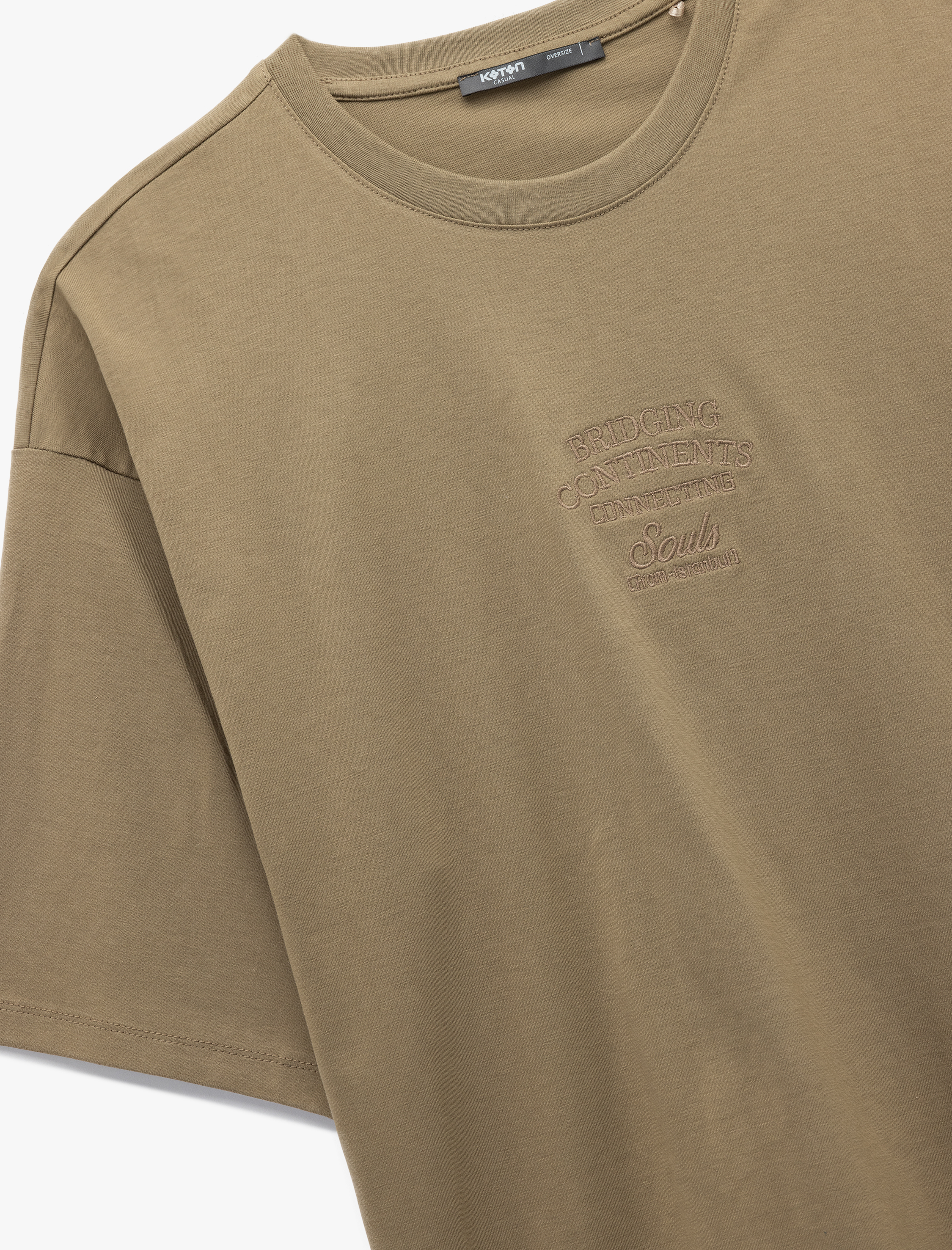   Pamuklu Bisiklet Yaka Tok Kumaş Slogan İşlemeli Kısa Kollu Oversize Tişört