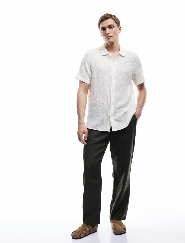  Beli Lastikli Cep Detaylı Regular Fit Keten Yazlık Pantolon