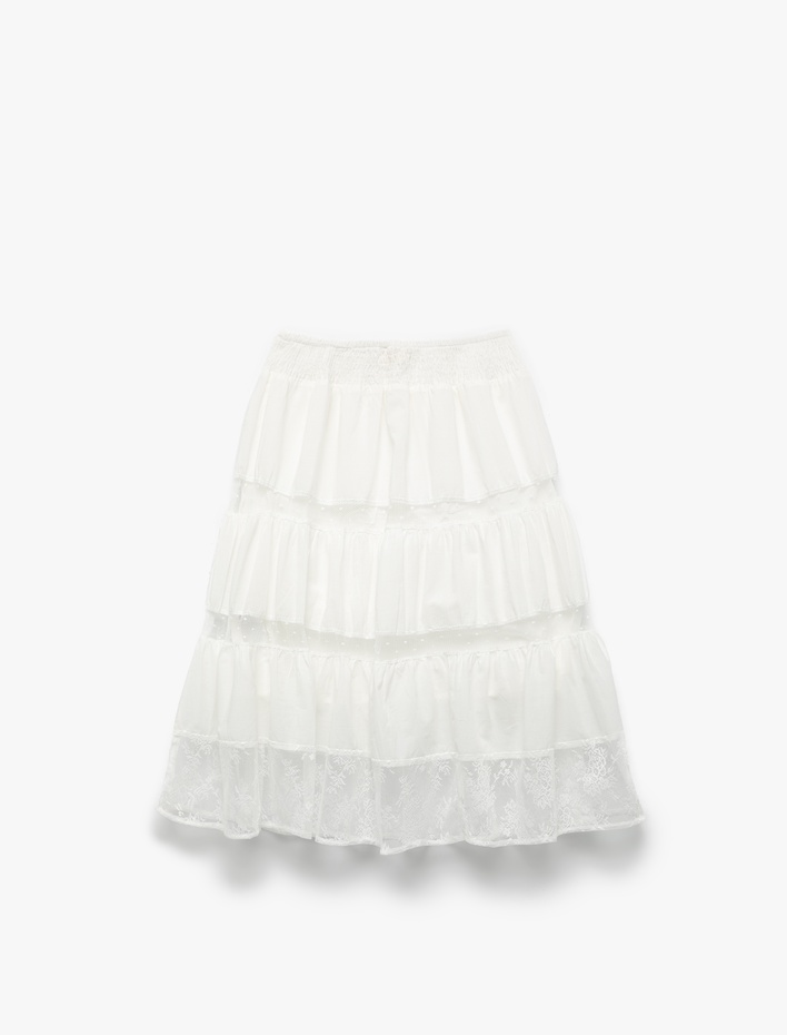 Kız Çocuk Gipeli Tül Detaylı Katlı Pamuklu Midi Etek