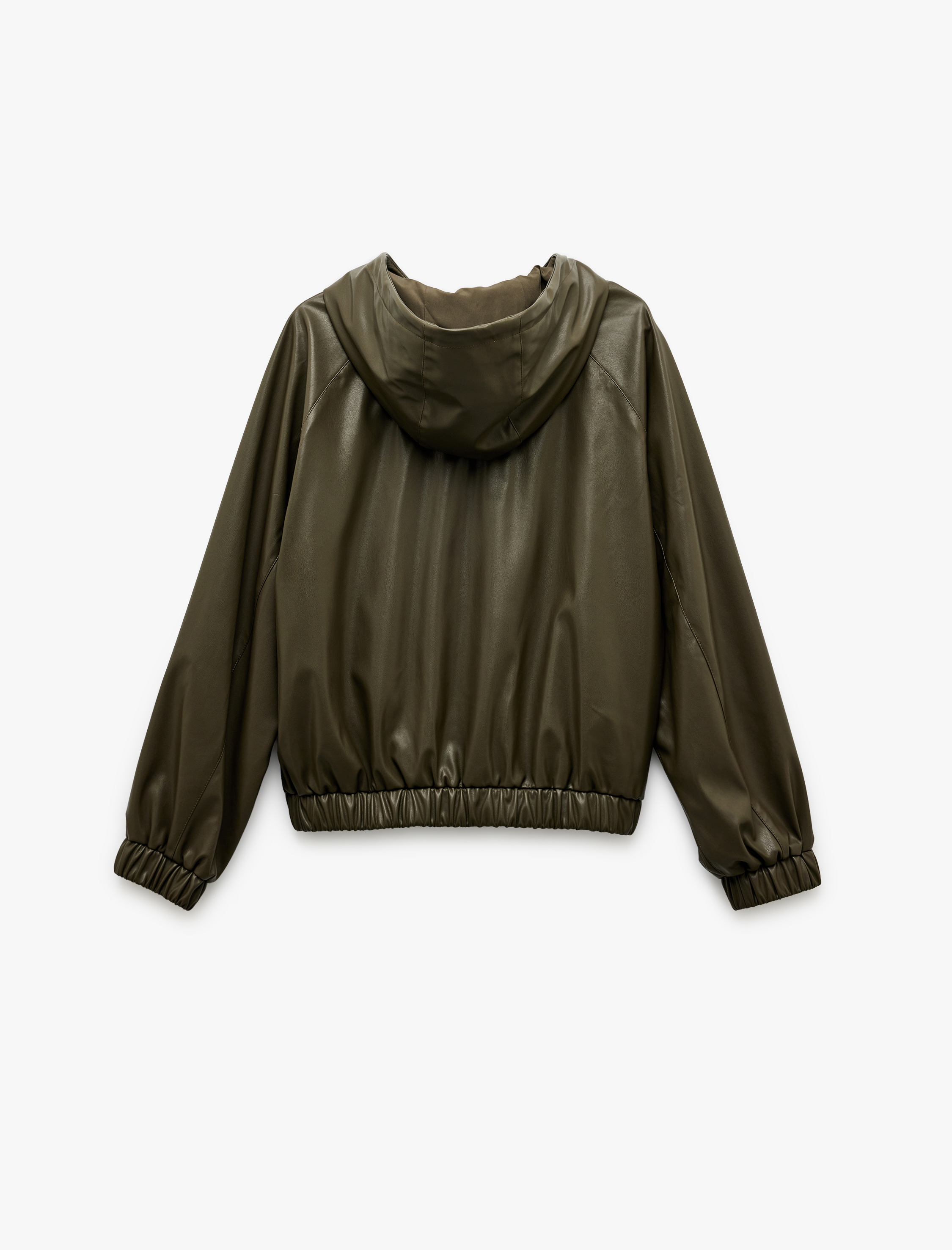   Fermuarlı Cepli Uzun Kollu Kapüşonlu Crop Suni Deri Bomber Ceket