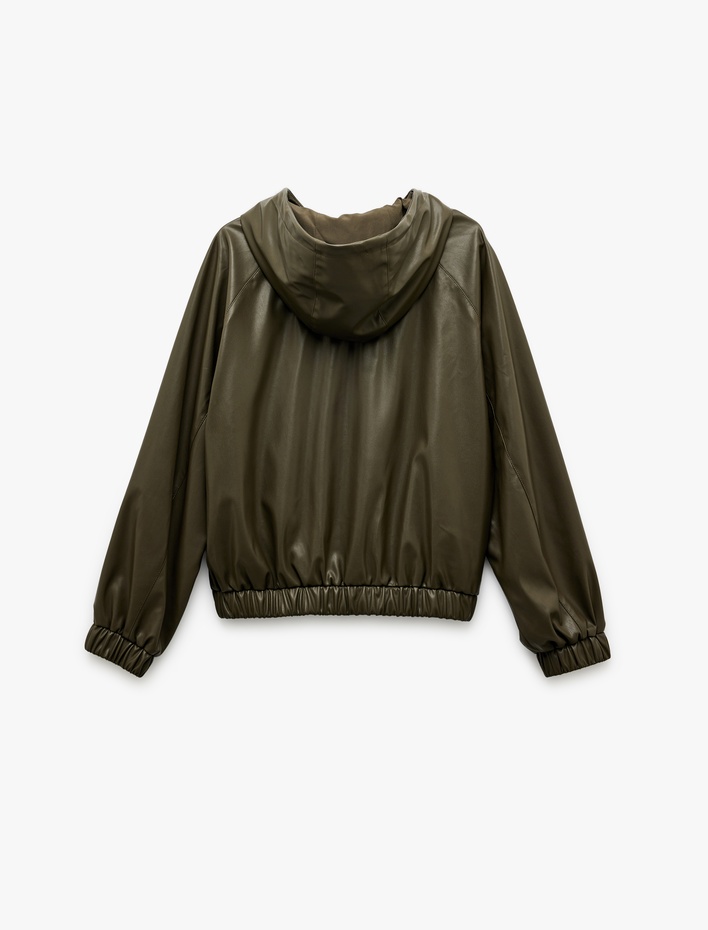  Fermuarlı Cepli Uzun Kollu Kapüşonlu Crop Suni Deri Bomber Ceket