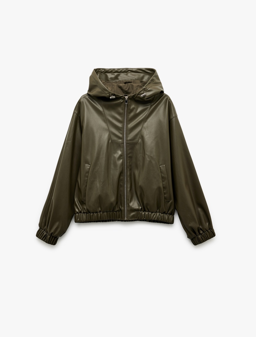   Fermuarlı Cepli Uzun Kollu Kapüşonlu Crop Suni Deri Bomber Ceket