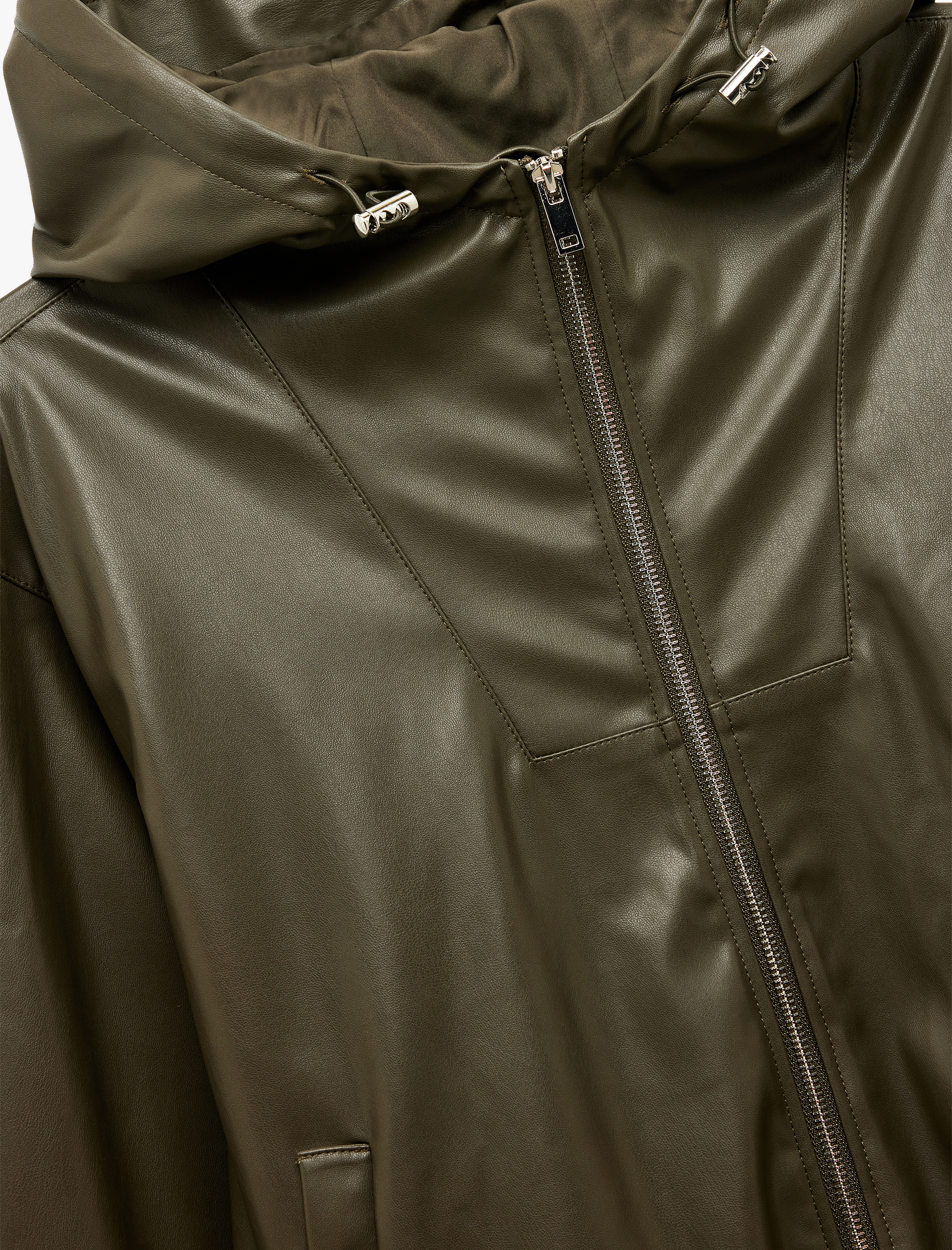   Fermuarlı Cepli Uzun Kollu Kapüşonlu Crop Suni Deri Bomber Ceket