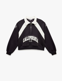Şardonlu İşlemeli Yarım Fermuarlı Yaka Oversize Crop Sweatshirt