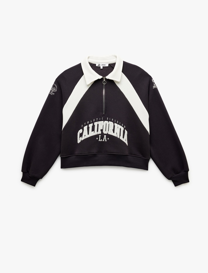  Şardonlu İşlemeli Yarım Fermuarlı Yaka Oversize Crop Sweatshirt