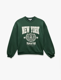 Şardonlu Baskılı Uzun Kollu Bisiklet Yaka Oversize Sweatshirt