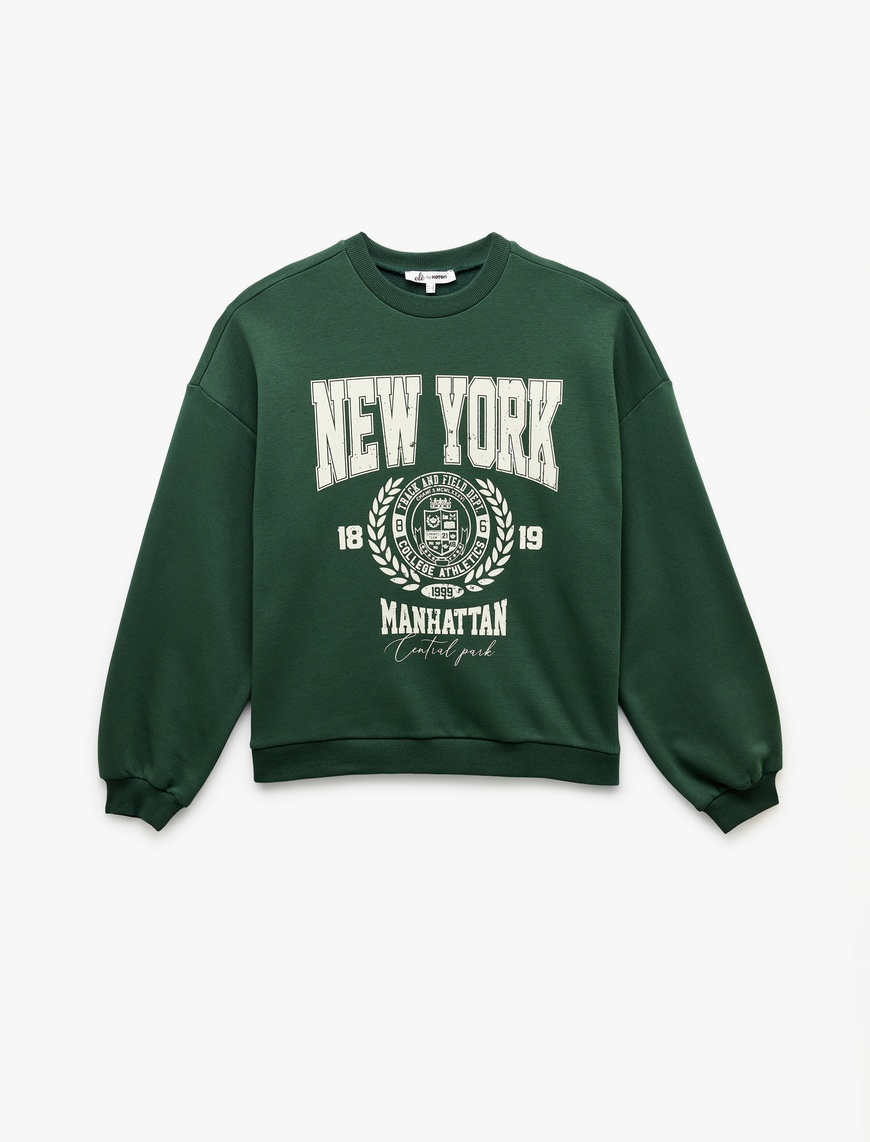   Şardonlu Baskılı Uzun Kollu Bisiklet Yaka Oversize Sweatshirt