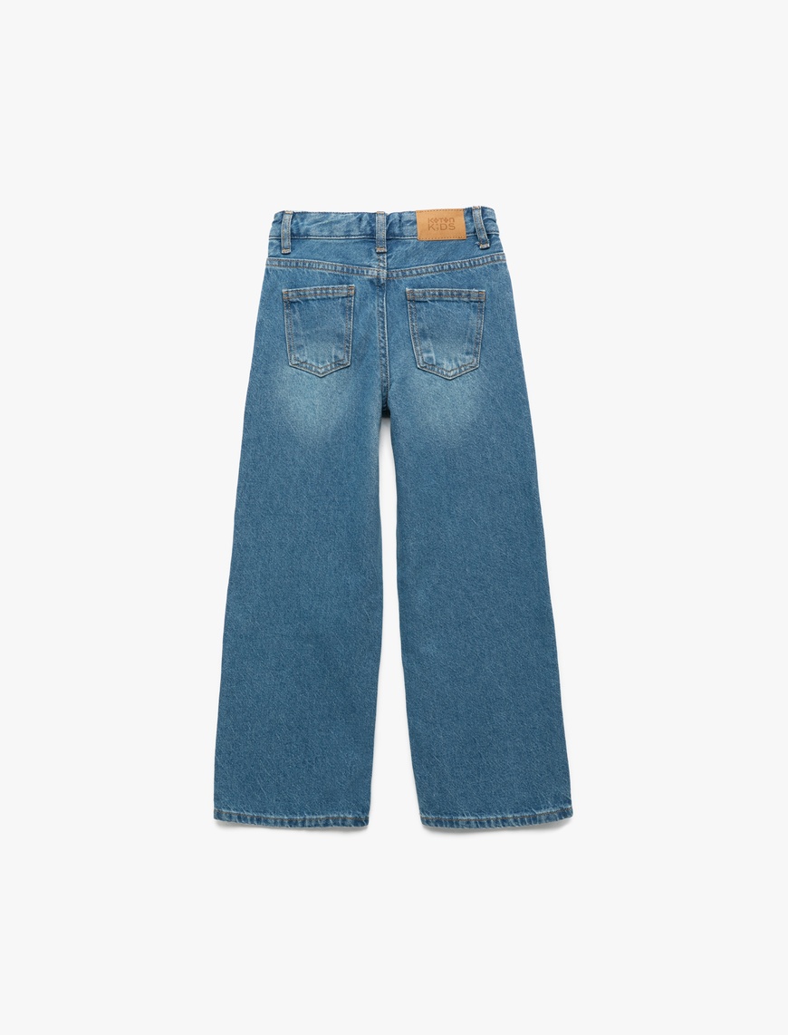  Kız Çocuk Pamuklu Cep Detaylı Geniş  Denim Pantolon