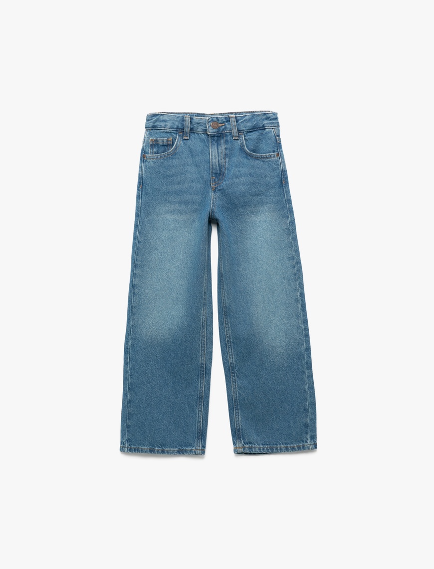  Kız Çocuk Pamuklu Cep Detaylı Geniş  Denim Pantolon
