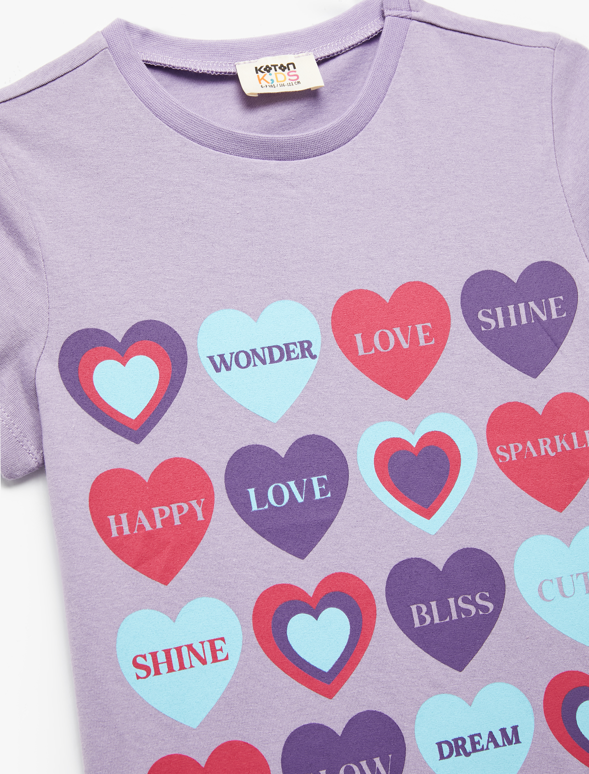  Kız Çocuk Pamuklu Kalp Baskılı Bisiklet Yaka Kısa Kollu Tişört