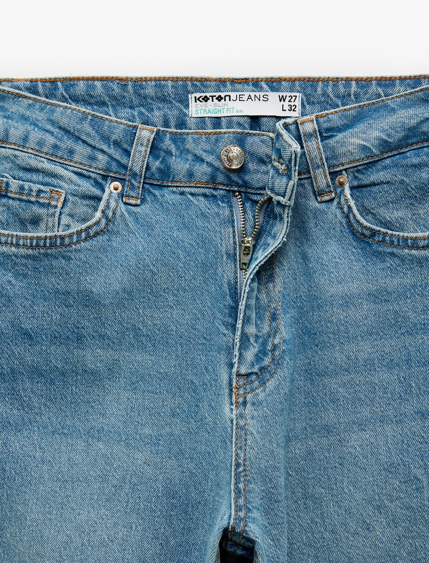   Pamuklu Düz Paça Cepli Düğmeli Jean Pantolon - Straight Jeans
