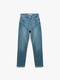 Pamuklu Düz Paça Cepli Düğmeli Jean Pantolon - Straight Jeans