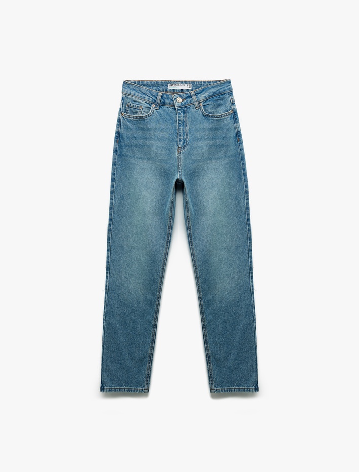  Pamuklu Düz Paça Cepli Düğmeli Jean Pantolon - Straight Jeans