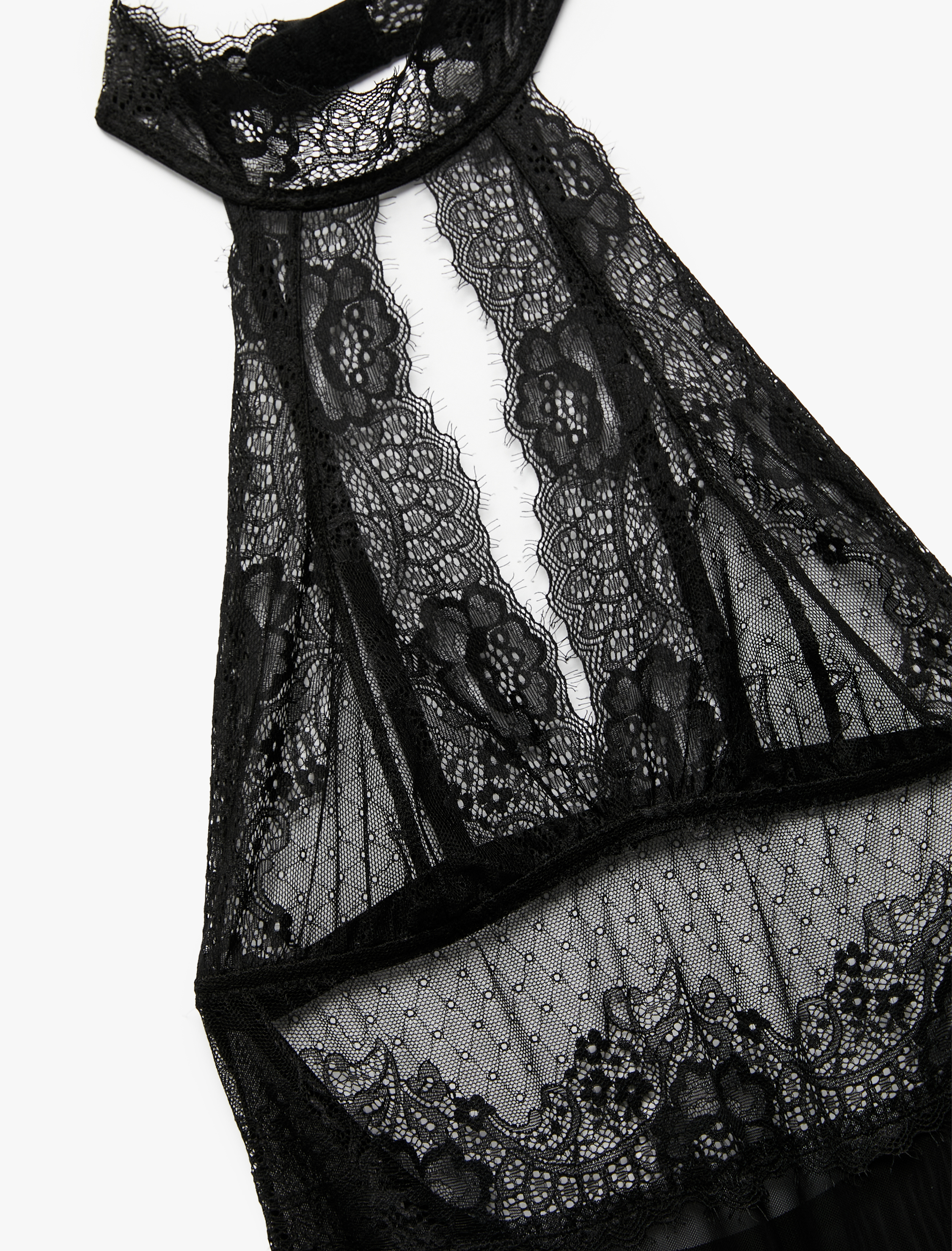   Transparan Floral Dokulu Halter Yaka Dantelli Bodysuit