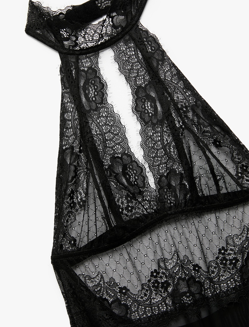  Transparan Floral Dokulu Halter Yaka Dantelli Bodysuit