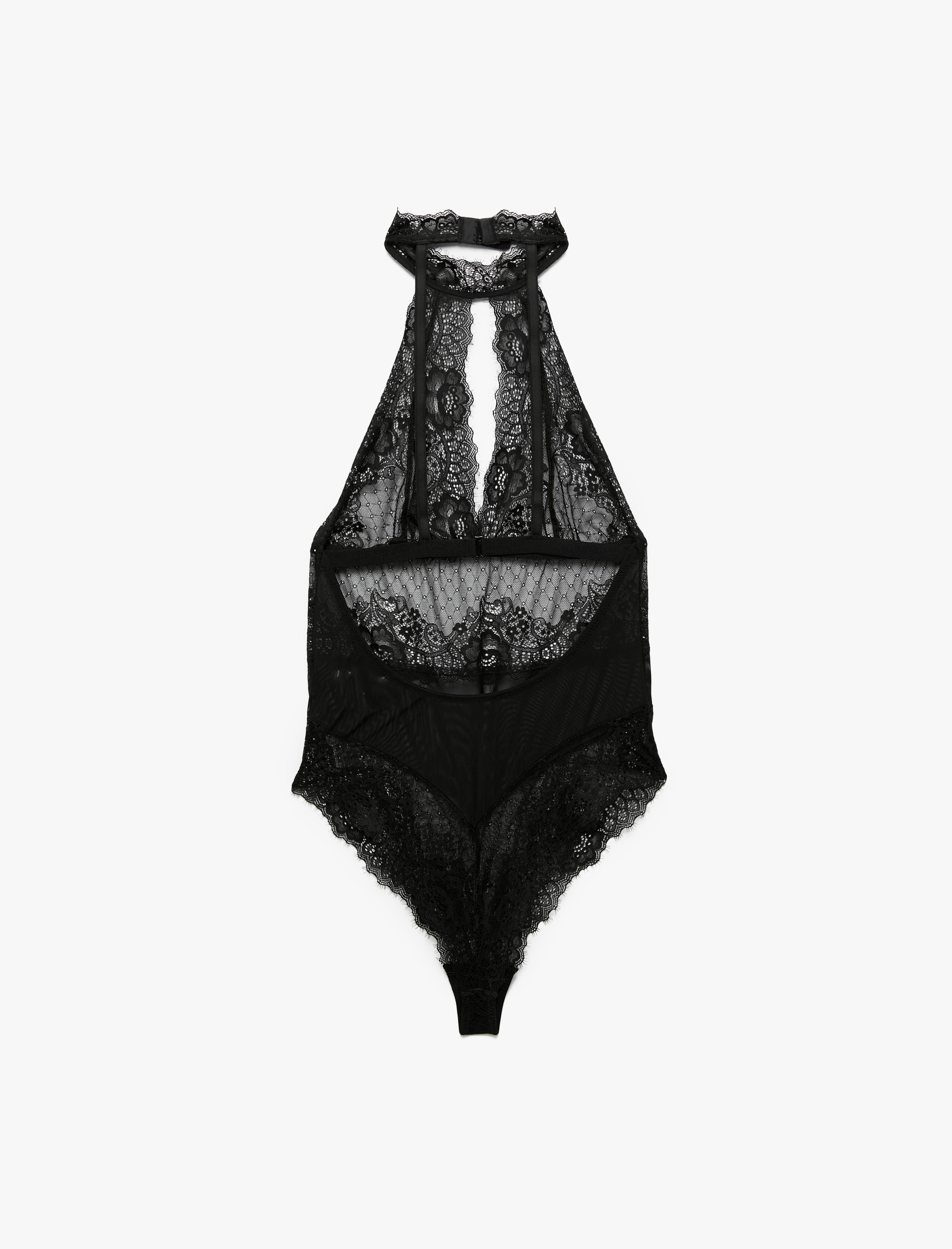   Transparan Floral Dokulu Halter Yaka Dantelli Bodysuit