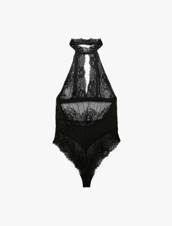  Transparan Floral Dokulu Halter Yaka Dantelli Bodysuit