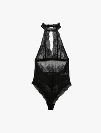 Transparan Floral Dokulu Halter Yaka Dantelli Bodysuit