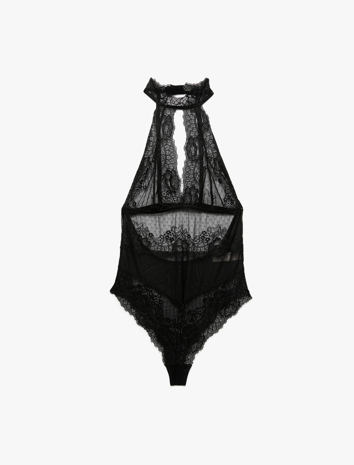  Transparan Floral Dokulu Halter Yaka Dantelli Bodysuit