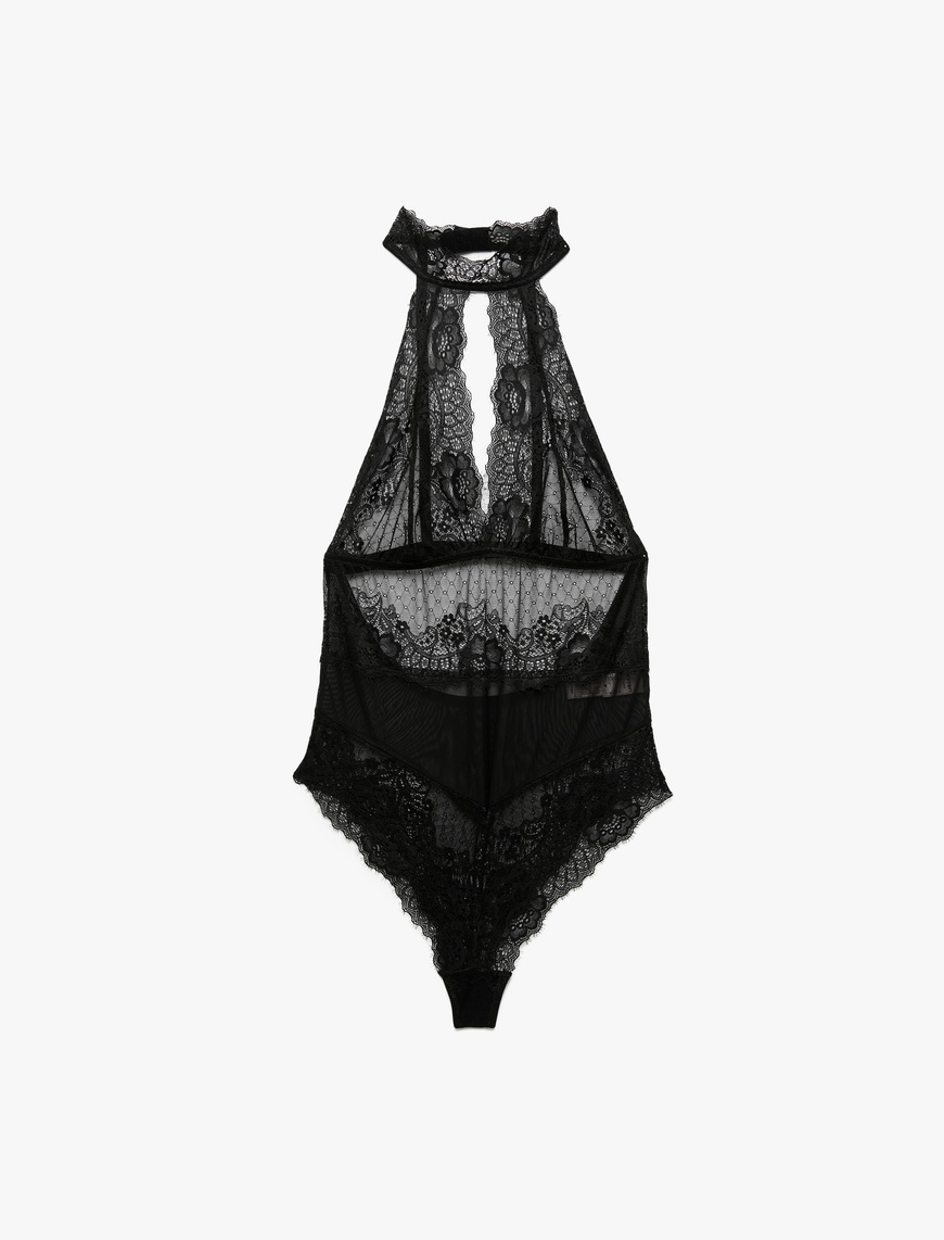  Transparan Floral Dokulu Halter Yaka Dantelli Bodysuit
