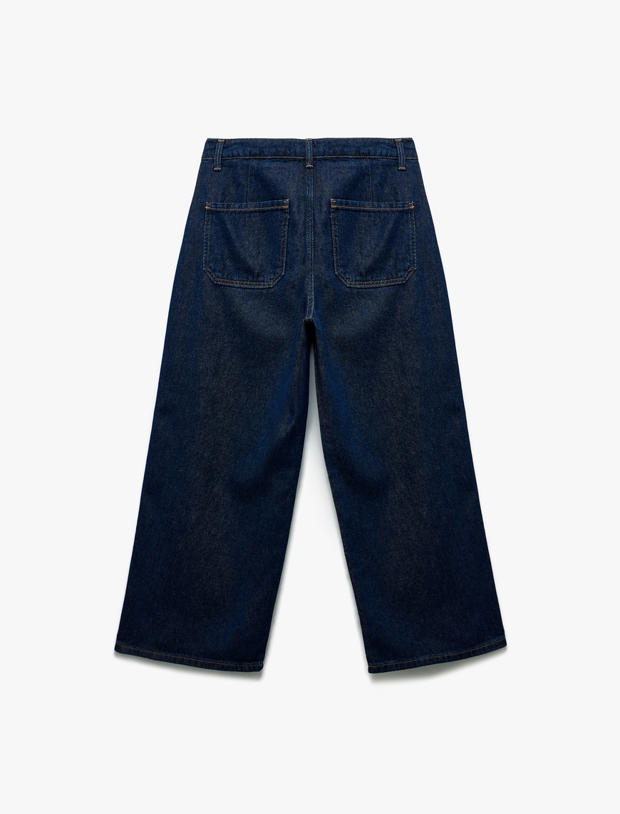   Normal Paça Düğmeli Yüksek Bel Pamuklu Geniş Paça Crop Jean Pantolon - Wide Leg Jeans