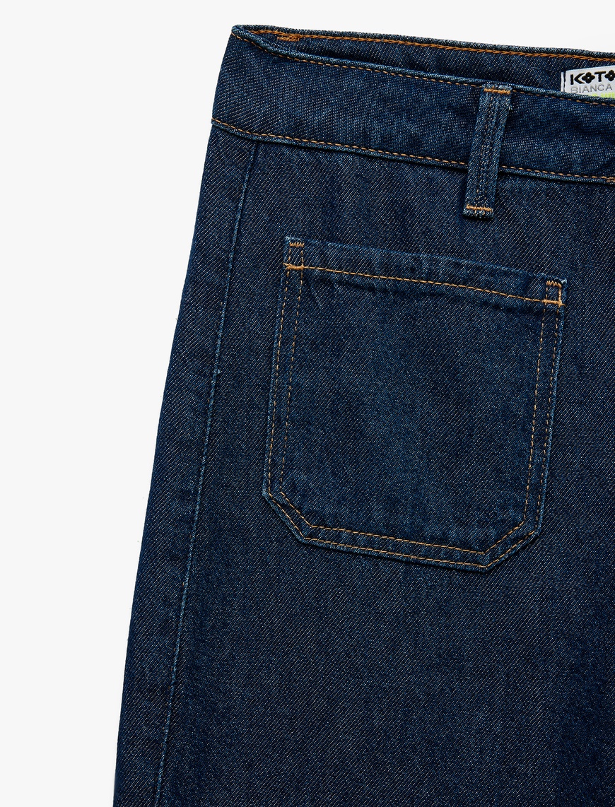   Normal Paça Düğmeli Yüksek Bel Pamuklu Geniş Paça Crop Jean Pantolon - Wide Leg Jeans