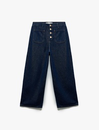 Normal Paça Düğmeli Yüksek Bel Pamuklu Geniş Paça Crop Jean Pantolon - Wide Leg Jeans