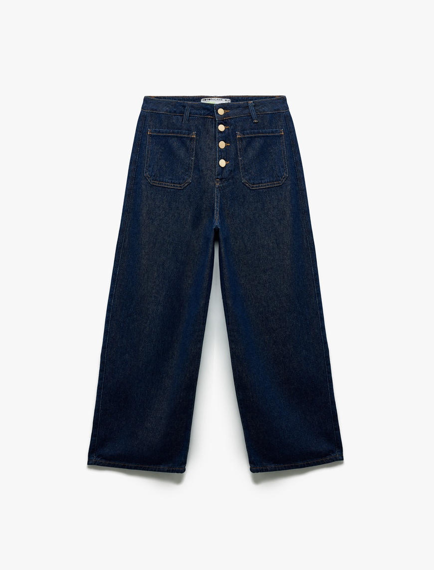   Normal Paça Düğmeli Yüksek Bel Pamuklu Geniş Paça Crop Jean Pantolon - Wide Leg Jeans