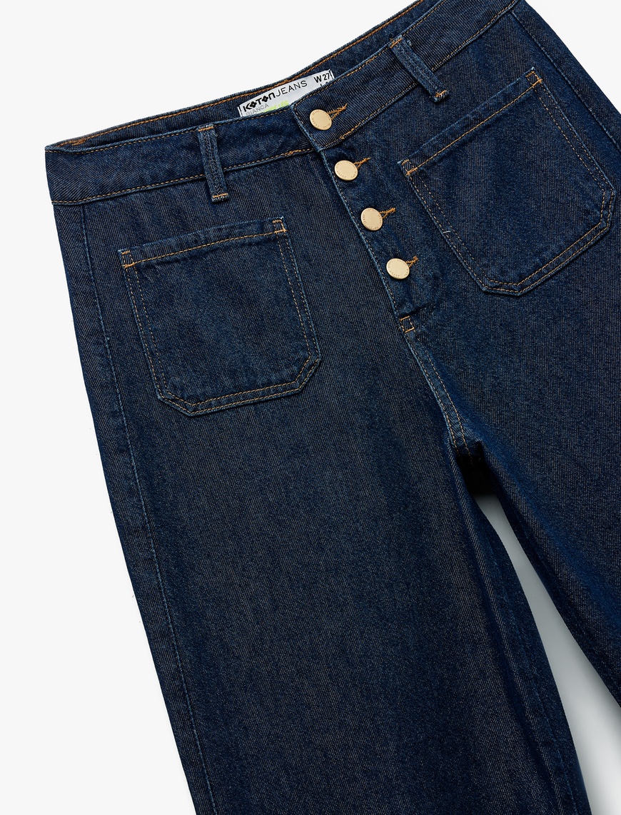   Normal Paça Düğmeli Yüksek Bel Pamuklu Geniş Paça Crop Jean Pantolon - Wide Leg Jeans