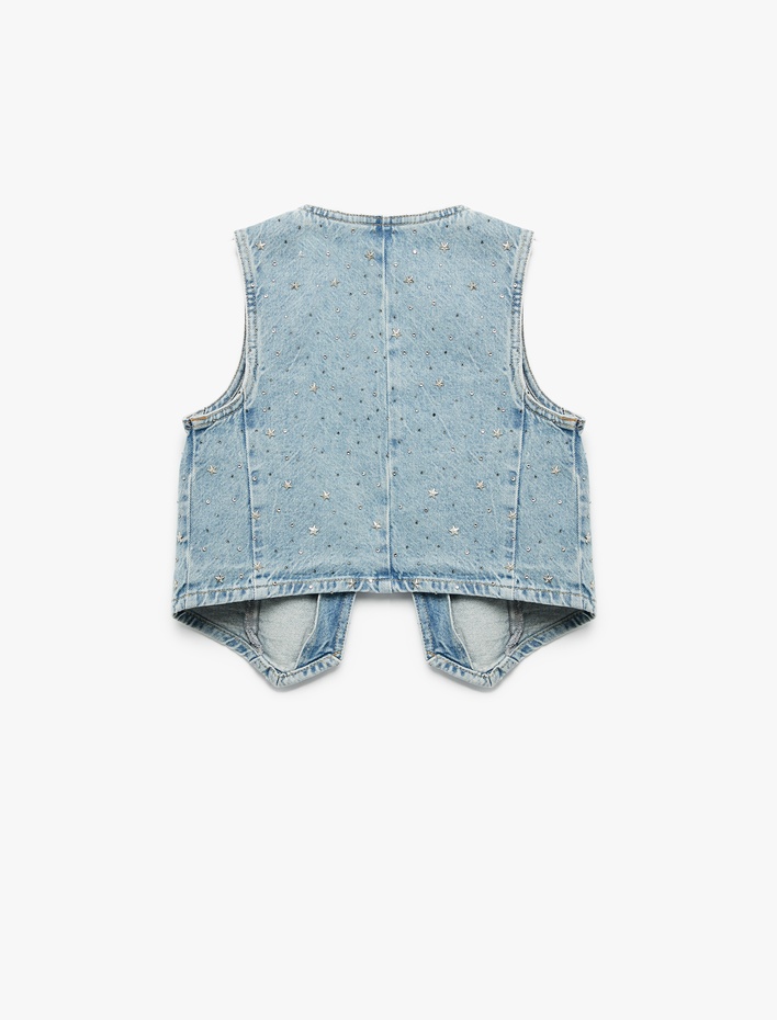 Kız Çocuk Yıldız Detaylı  V Yaka Jean Yelek