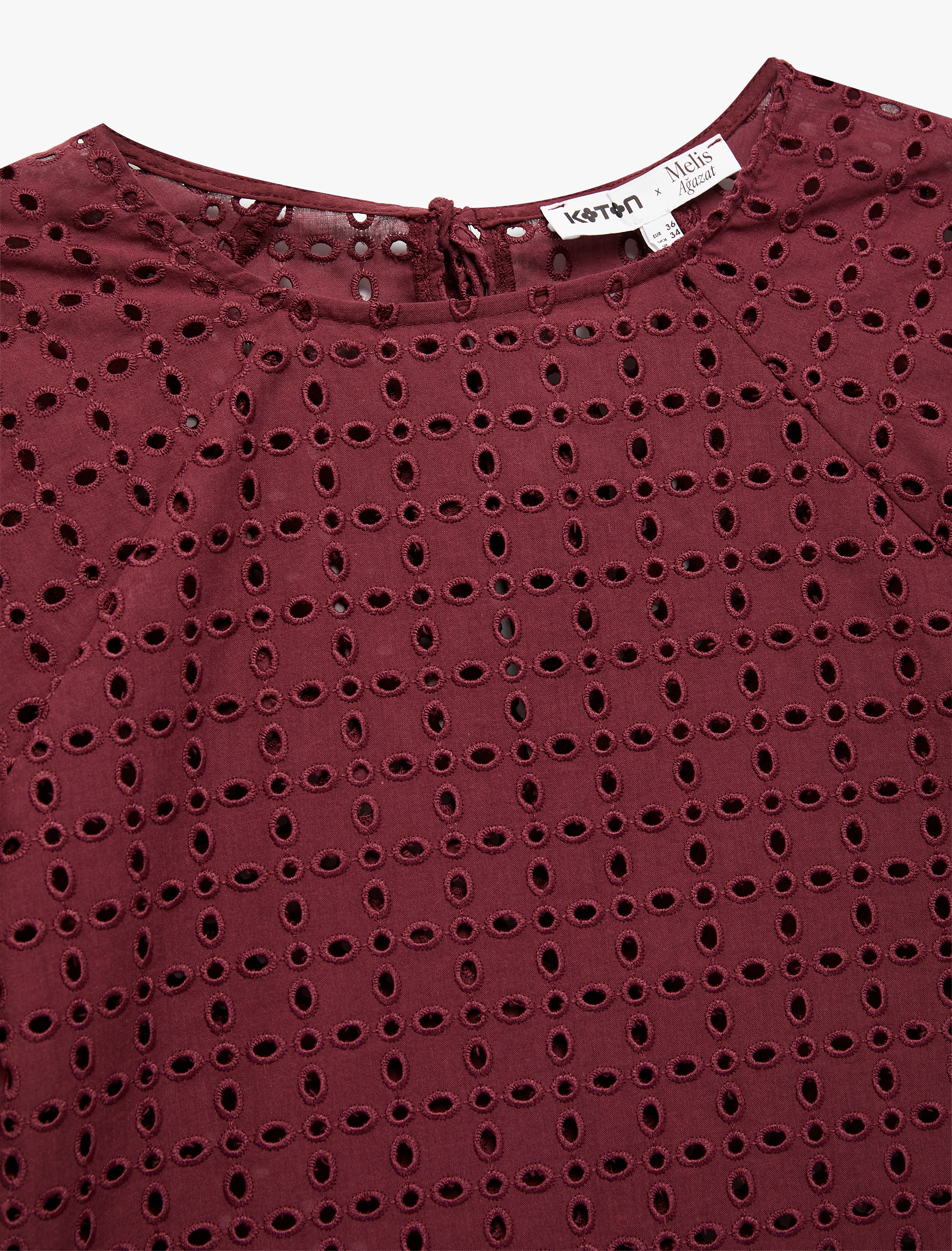   Koton X Melis Ağazat - Pamuklu Astarlı Brodeli Fistolu Kısa Kollu Bisiklet Yaka Bluz